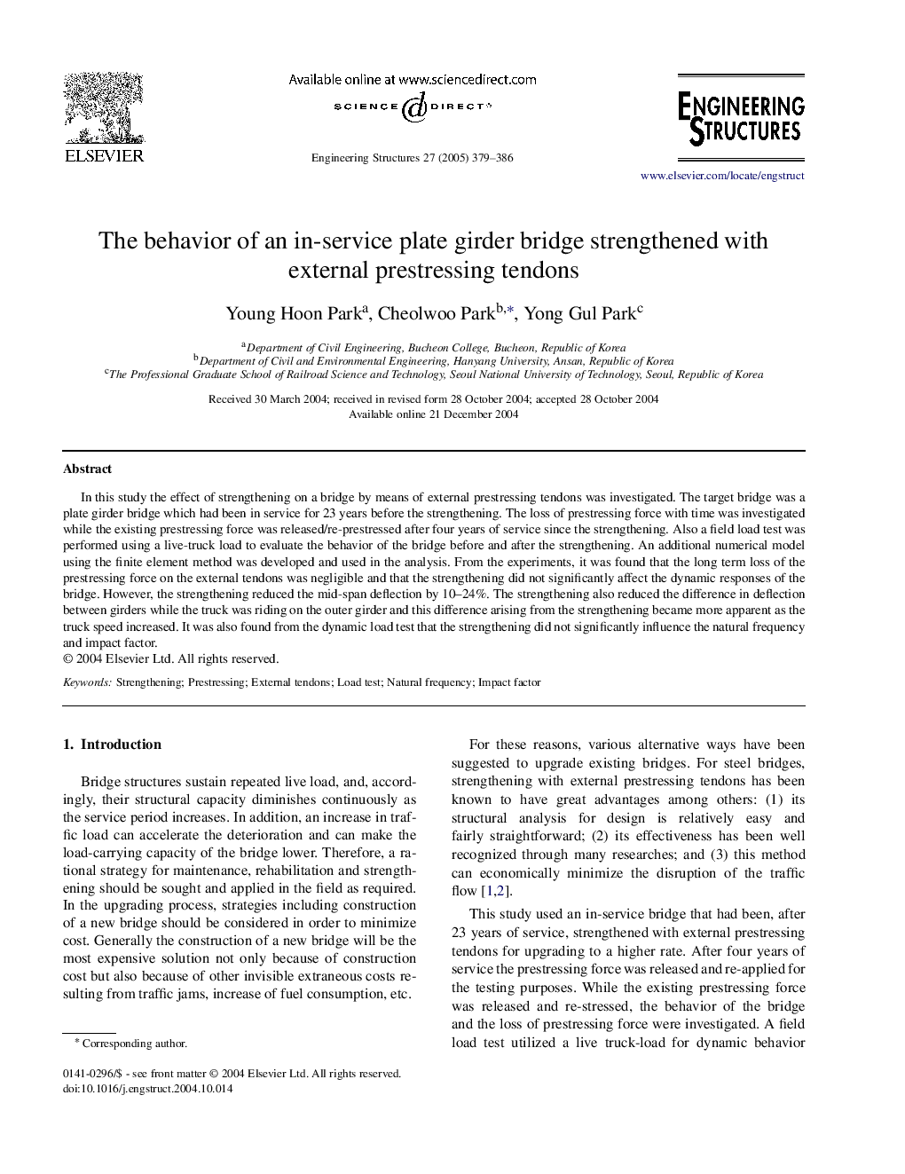 The behavior of an in-service plate girder bridge strengthened with external prestressing tendons