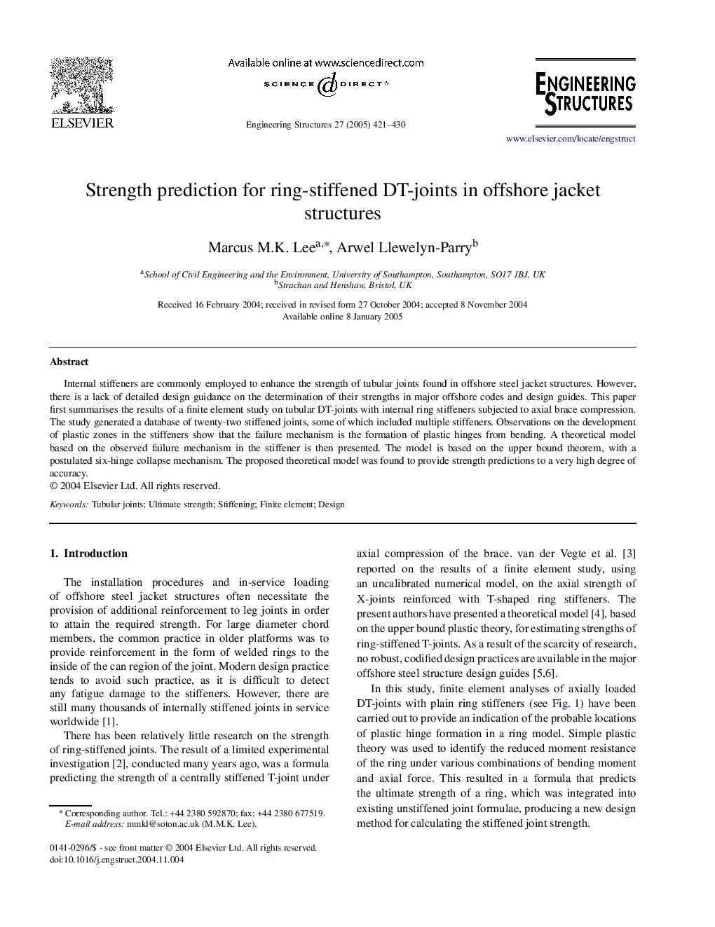 Strength prediction for ring-stiffened DT-joints in offshore jacket structures