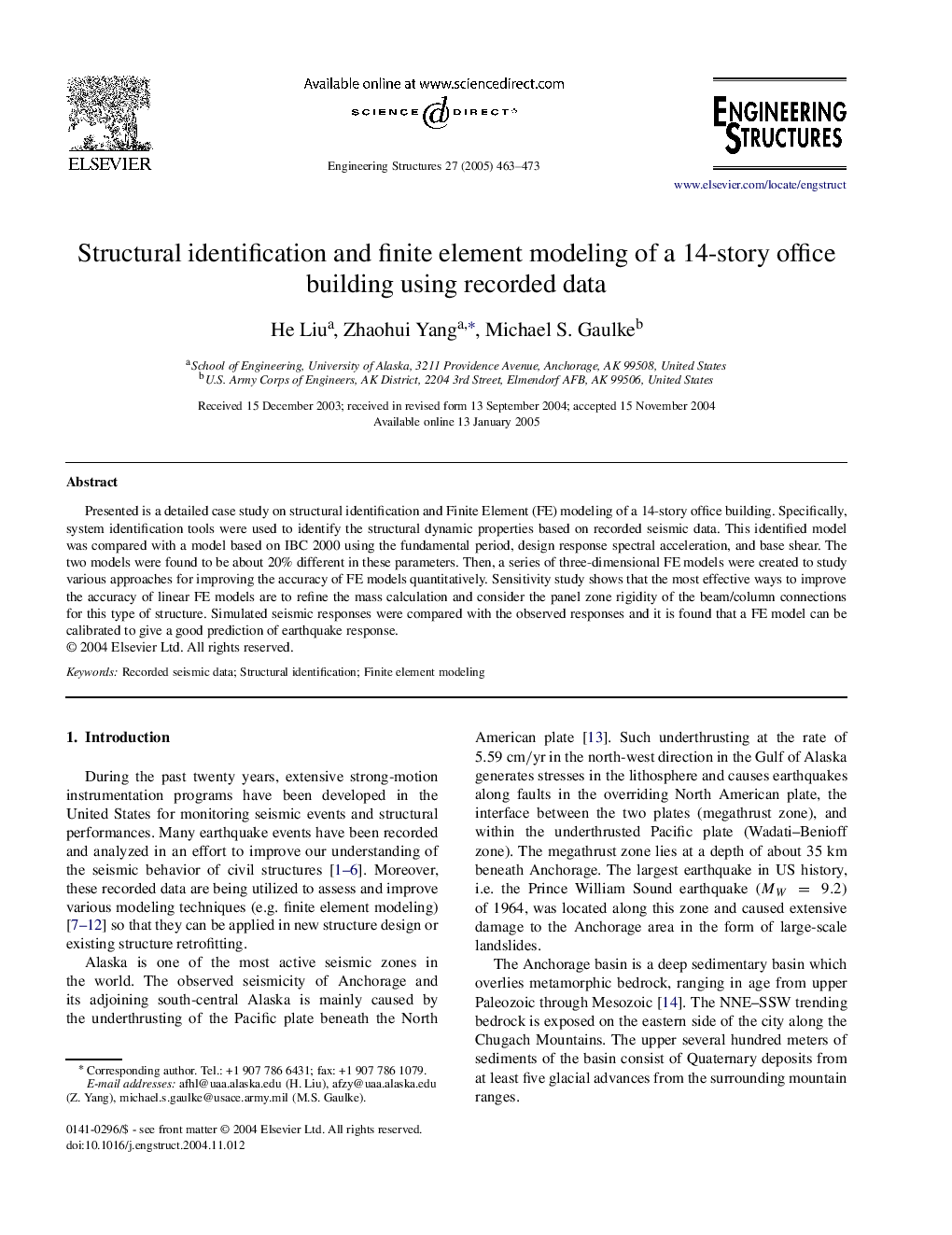 Structural identification and finite element modeling of a 14-story office building using recorded data