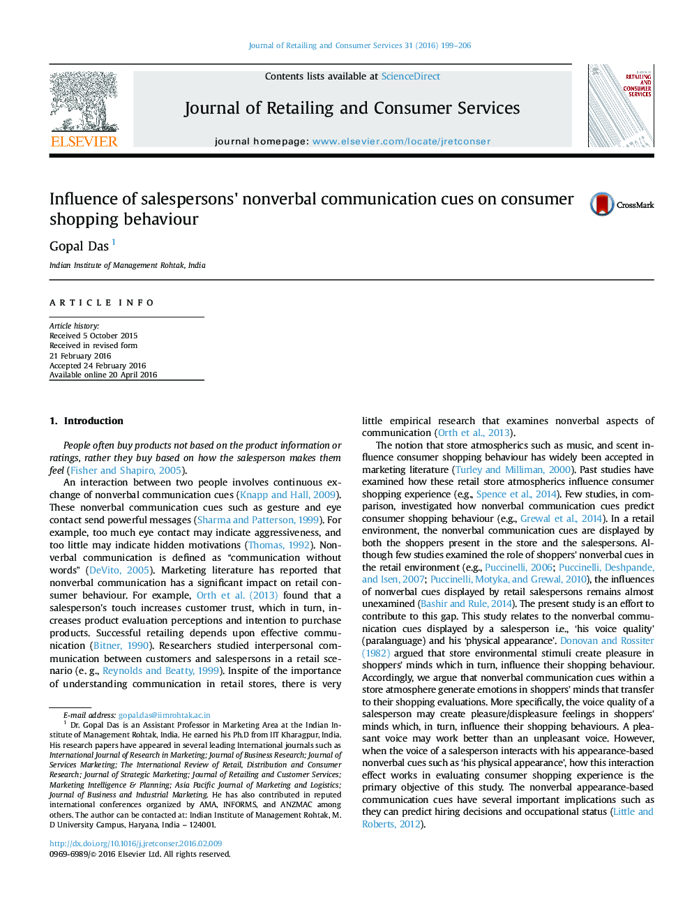 Influence of salespersons' nonverbal communication cues on consumer shopping behaviour