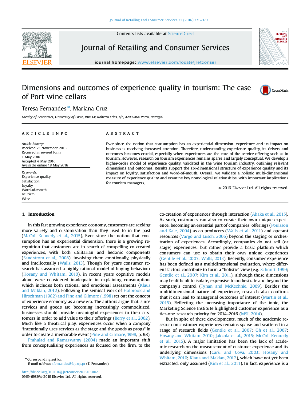 Dimensions and outcomes of experience quality in tourism: The case of Port wine cellars