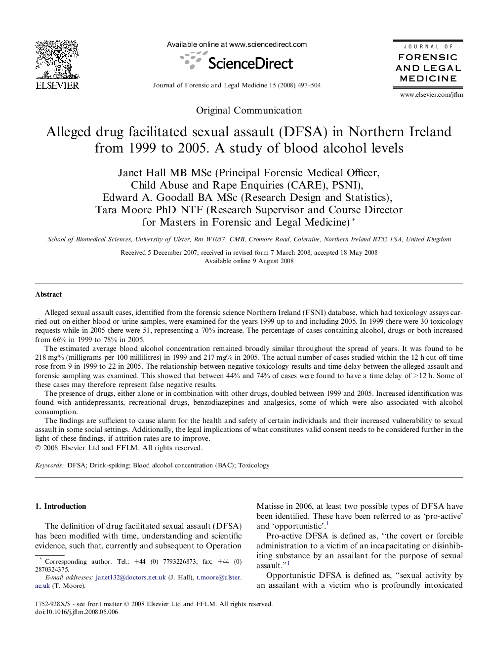 Alleged drug facilitated sexual assault (DFSA) in Northern Ireland from 1999 to 2005. A study of blood alcohol levels