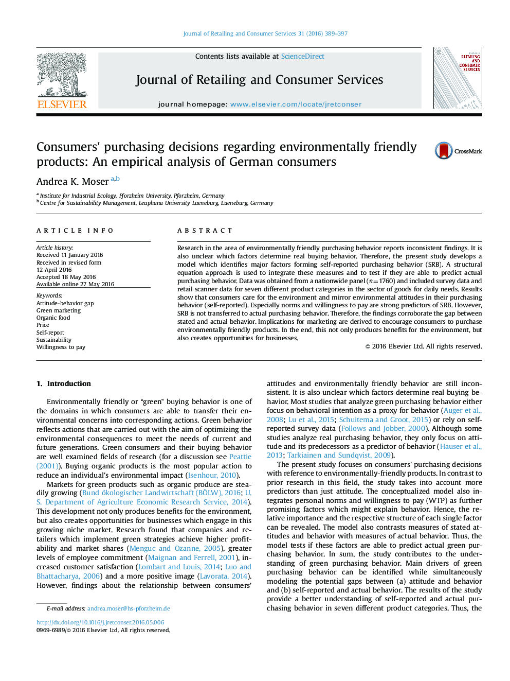 Consumers' purchasing decisions regarding environmentally friendly products: An empirical analysis of German consumers