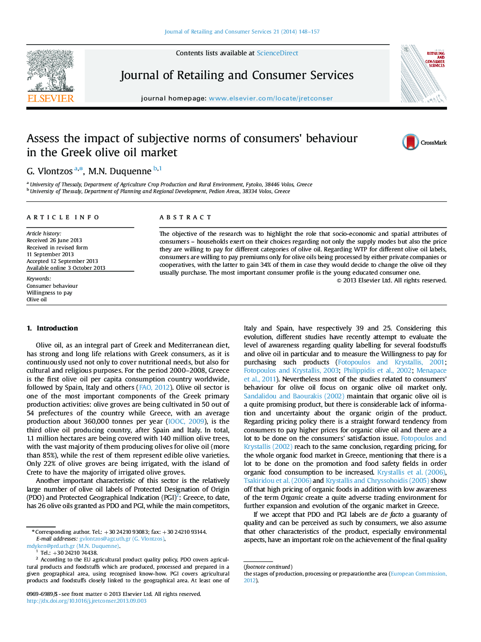 Assess the impact of subjective norms of consumers' behaviour in the Greek olive oil market