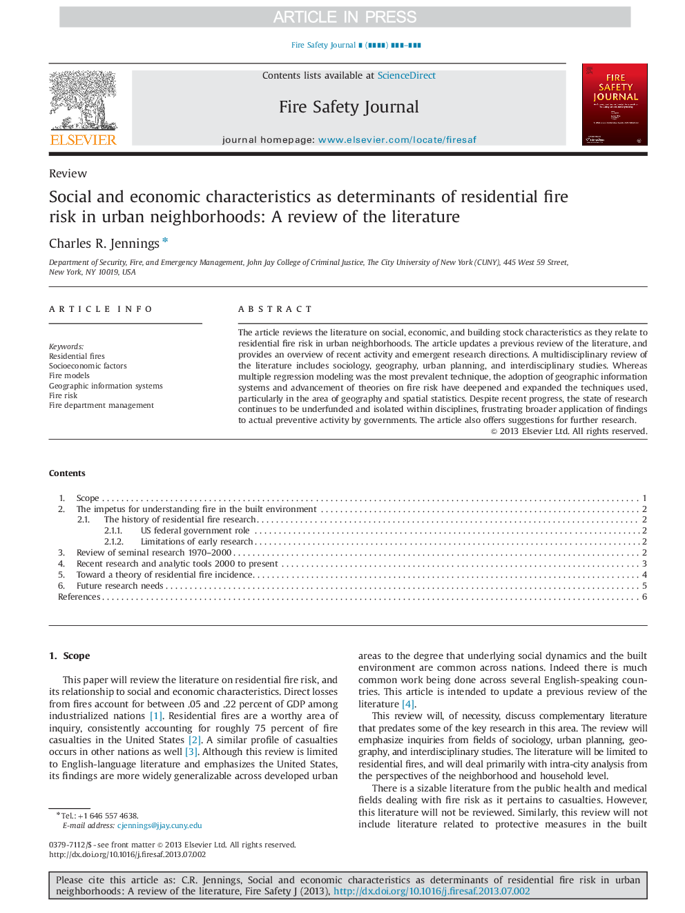 Social and economic characteristics as determinants of residential fire risk in urban neighborhoods: A review of the literature