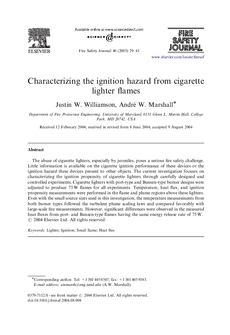 Characterizing the ignition hazard from cigarette lighter flames