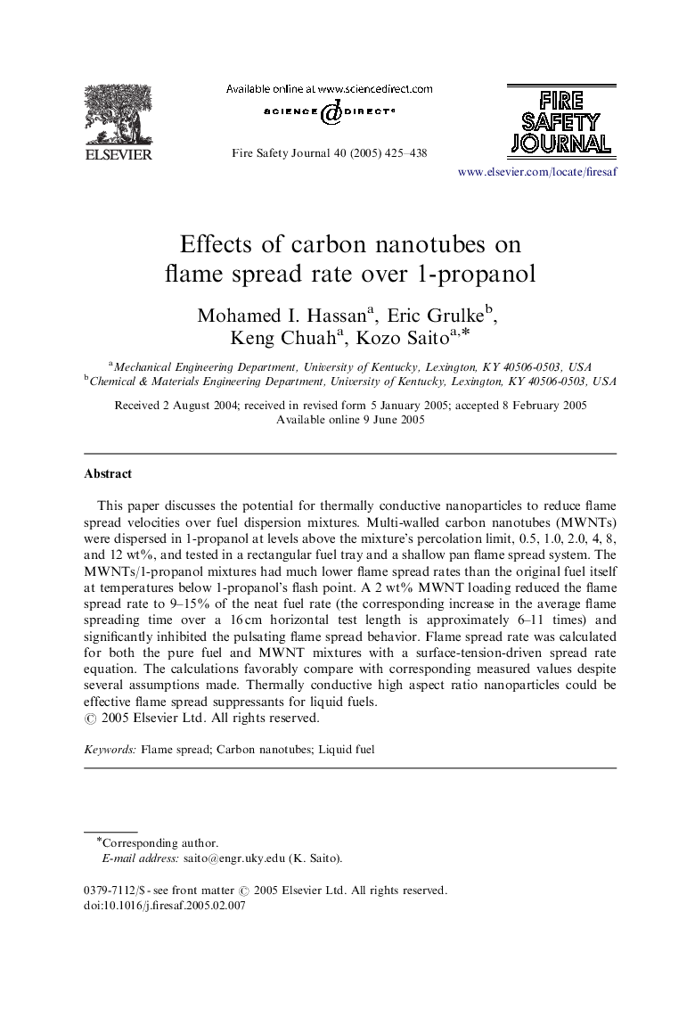عکس صفحه اول مقاله: Effects of carbon nanotubes on flame spread rate over 1-propanol Effects of carbon nanotubes on flame spread rate over 1-propanol