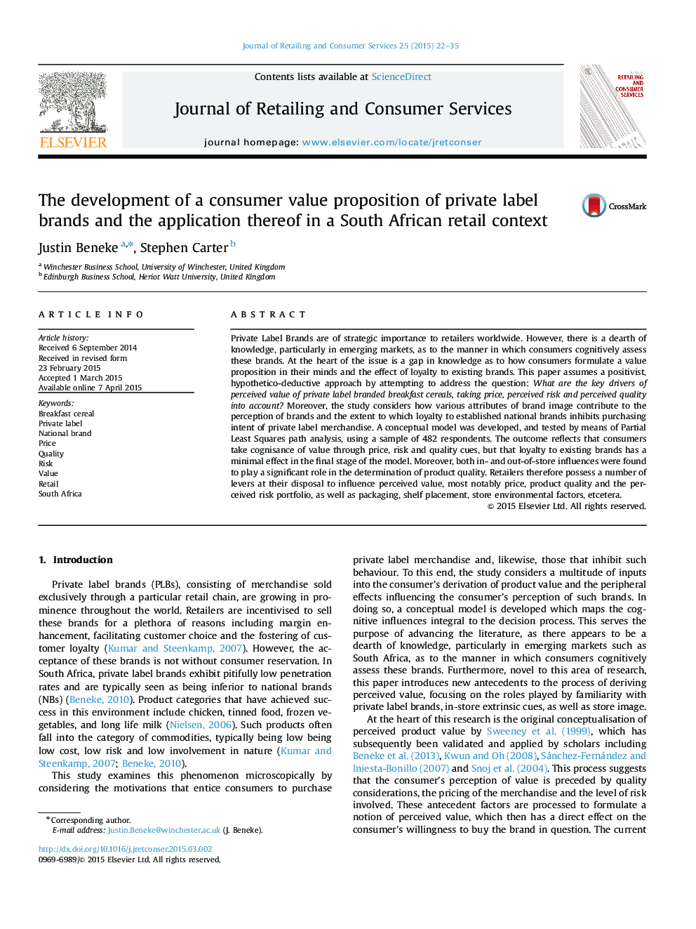 The development of a consumer value proposition of private label brands and the application thereof in a South African retail context