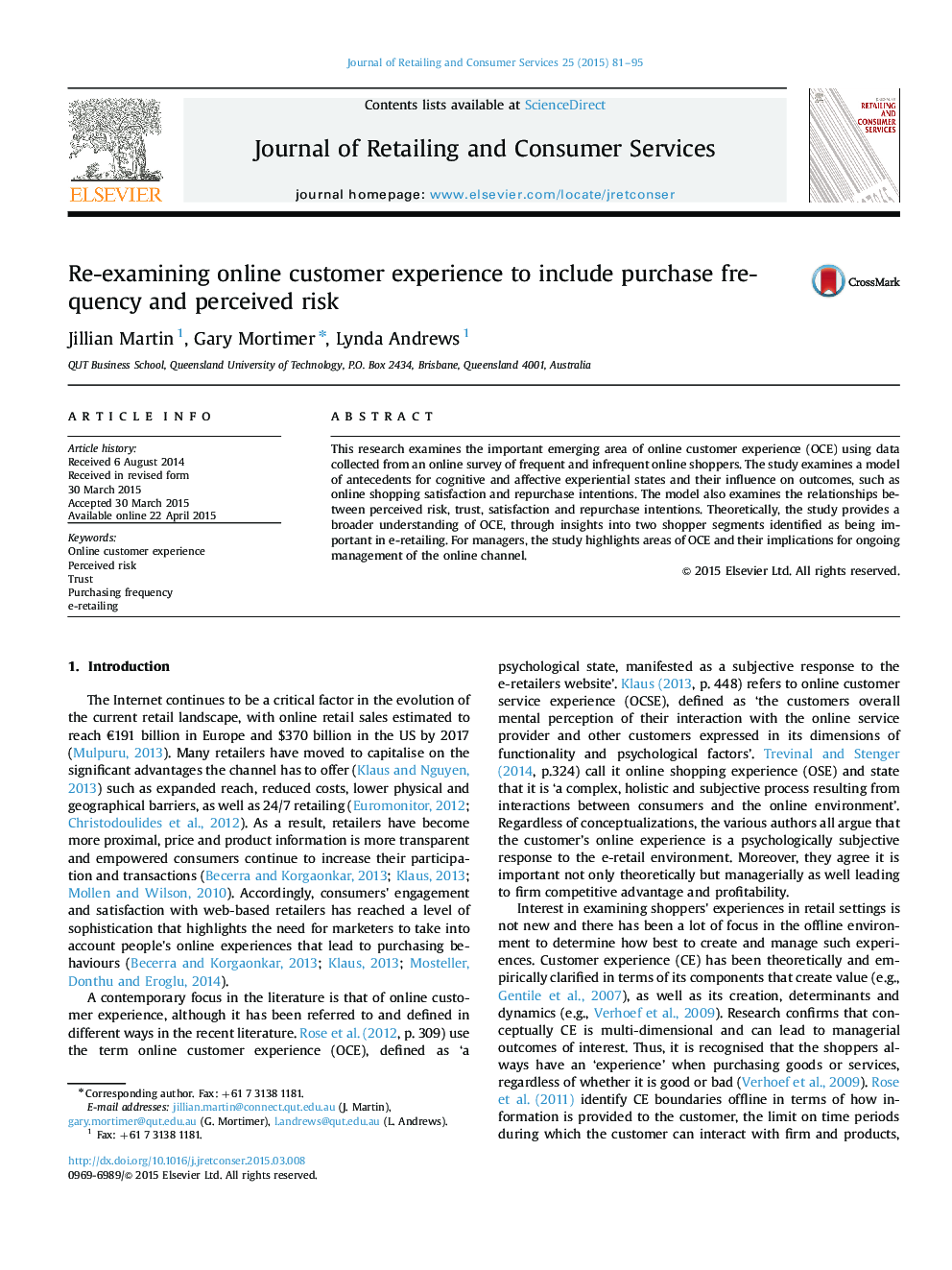 Re-examining online customer experience to include purchase frequency and perceived risk