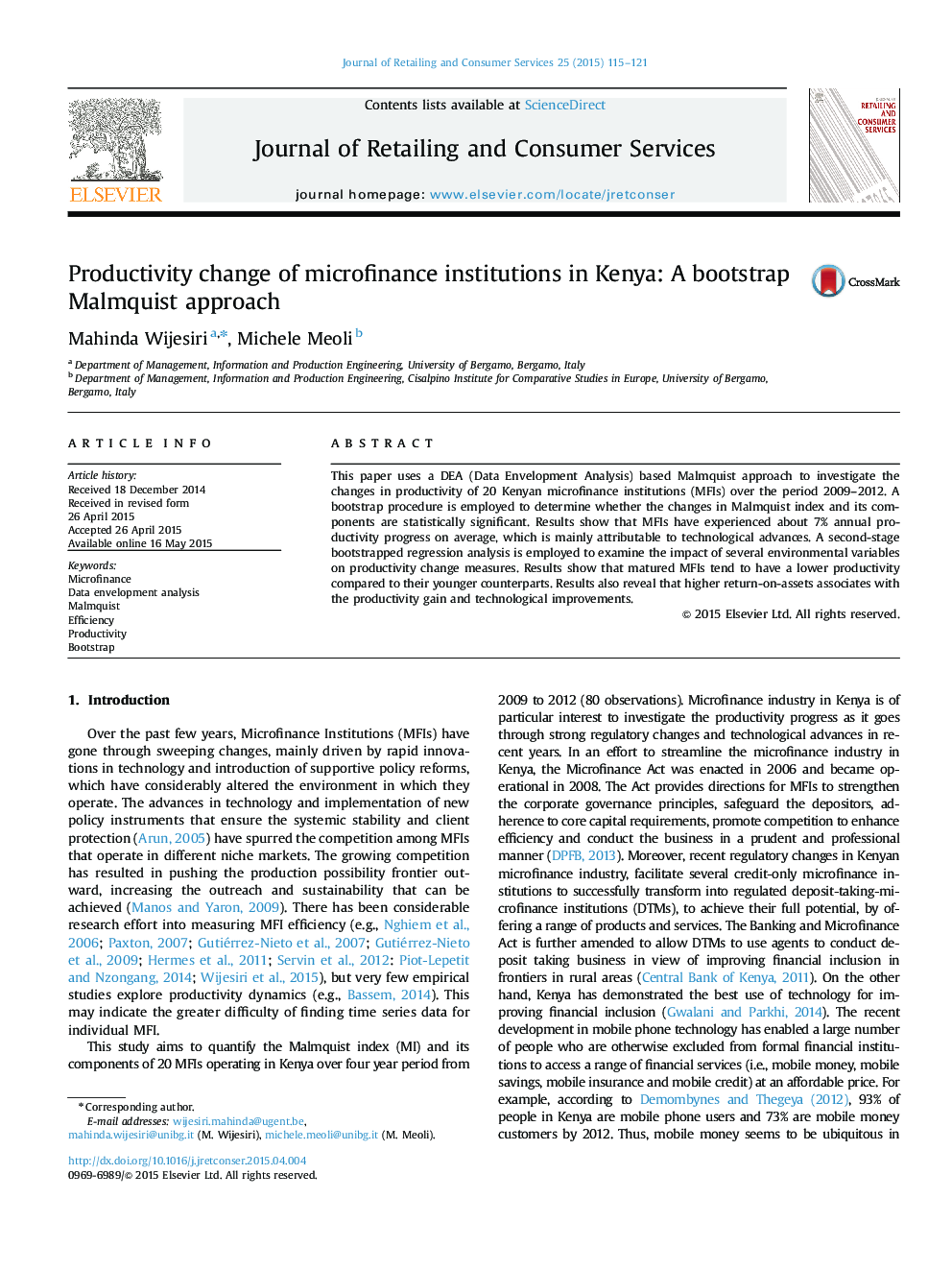 Productivity change of microfinance institutions in Kenya: A bootstrap Malmquist approach