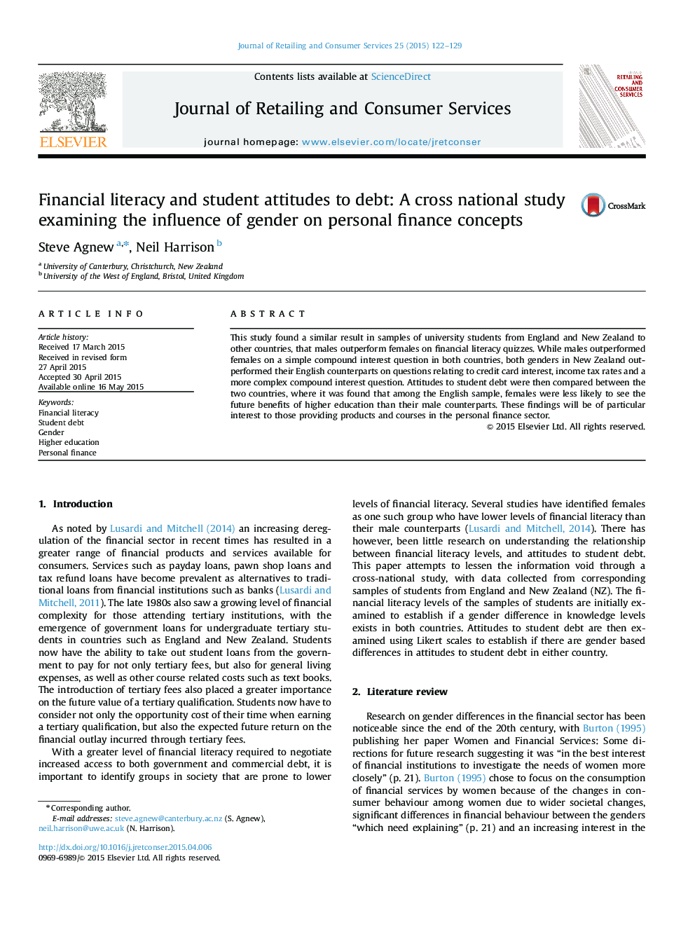 Financial literacy and student attitudes to debt: A cross national study examining the influence of gender on personal finance concepts