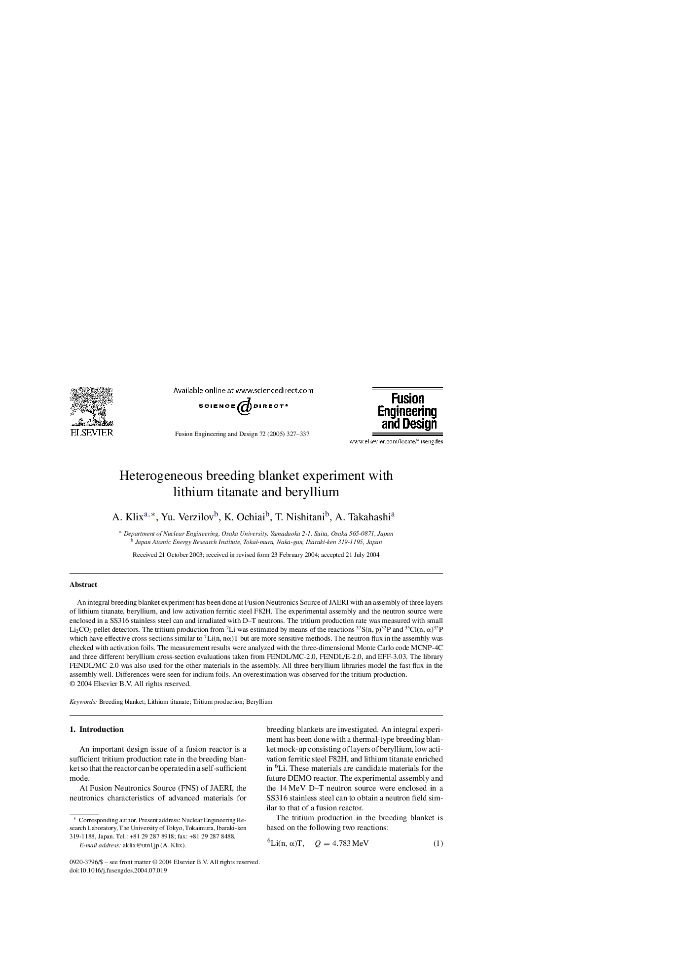 Heterogeneous breeding blanket experiment with lithium titanate and beryllium