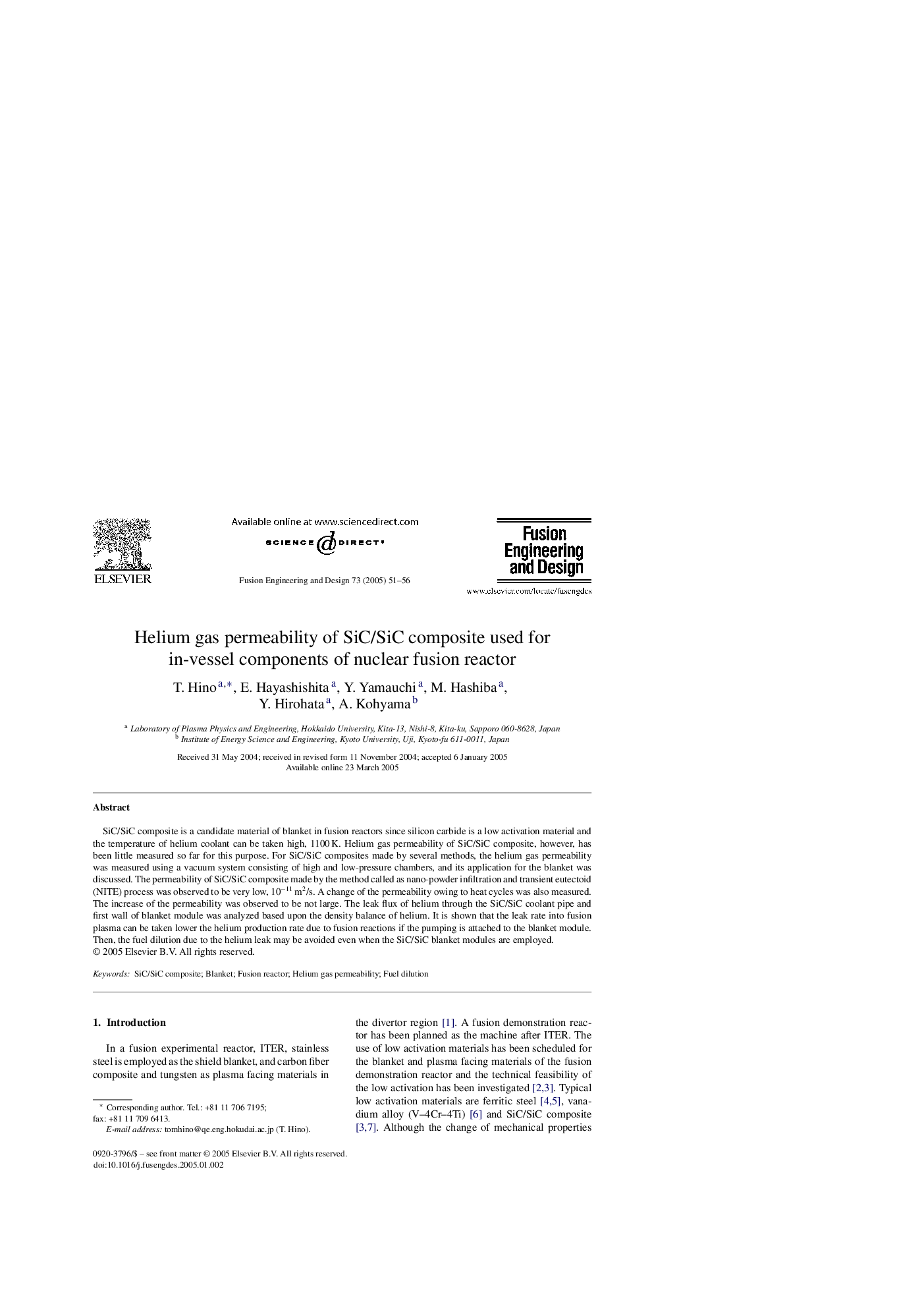 Helium gas permeability of SiC/SiC composite used for in-vessel components of nuclear fusion reactor