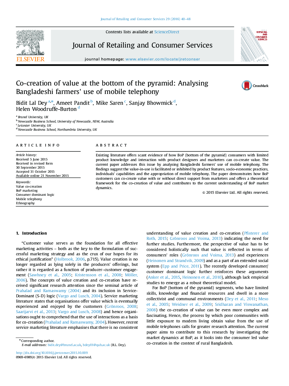 Co-creation of value at the bottom of the pyramid: Analysing Bangladeshi farmers' use of mobile telephony