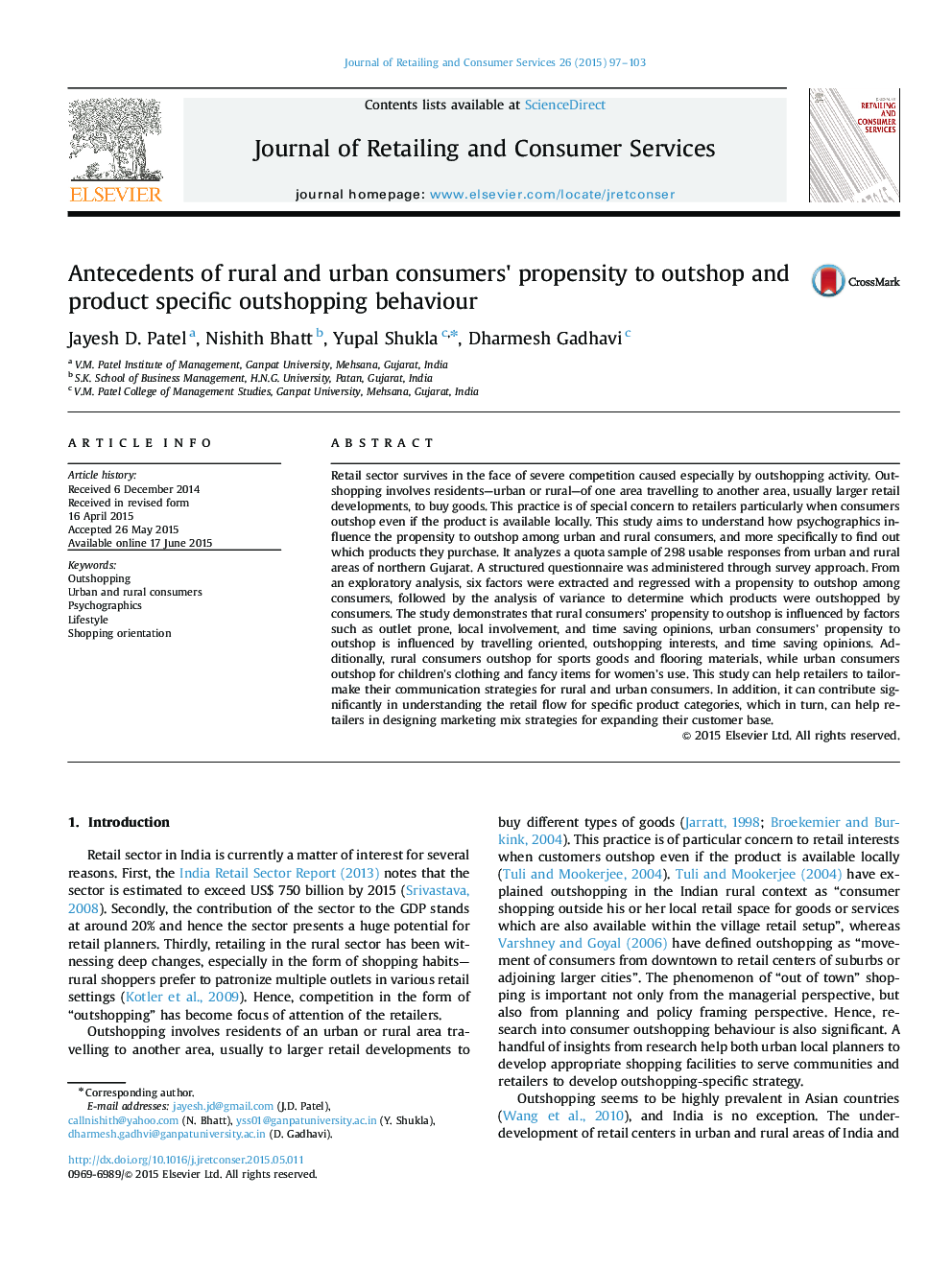 Antecedents of rural and urban consumers' propensity to outshop and product specific outshopping behaviour