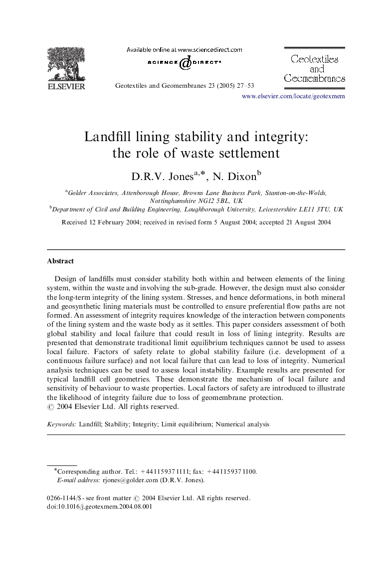 Landfill lining stability and integrity: the role of waste settlement