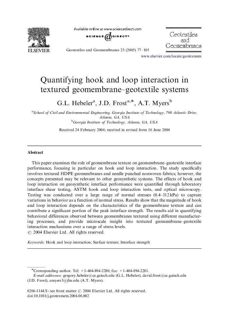 Quantifying hook and loop interaction in textured geomembrane-geotextile systems