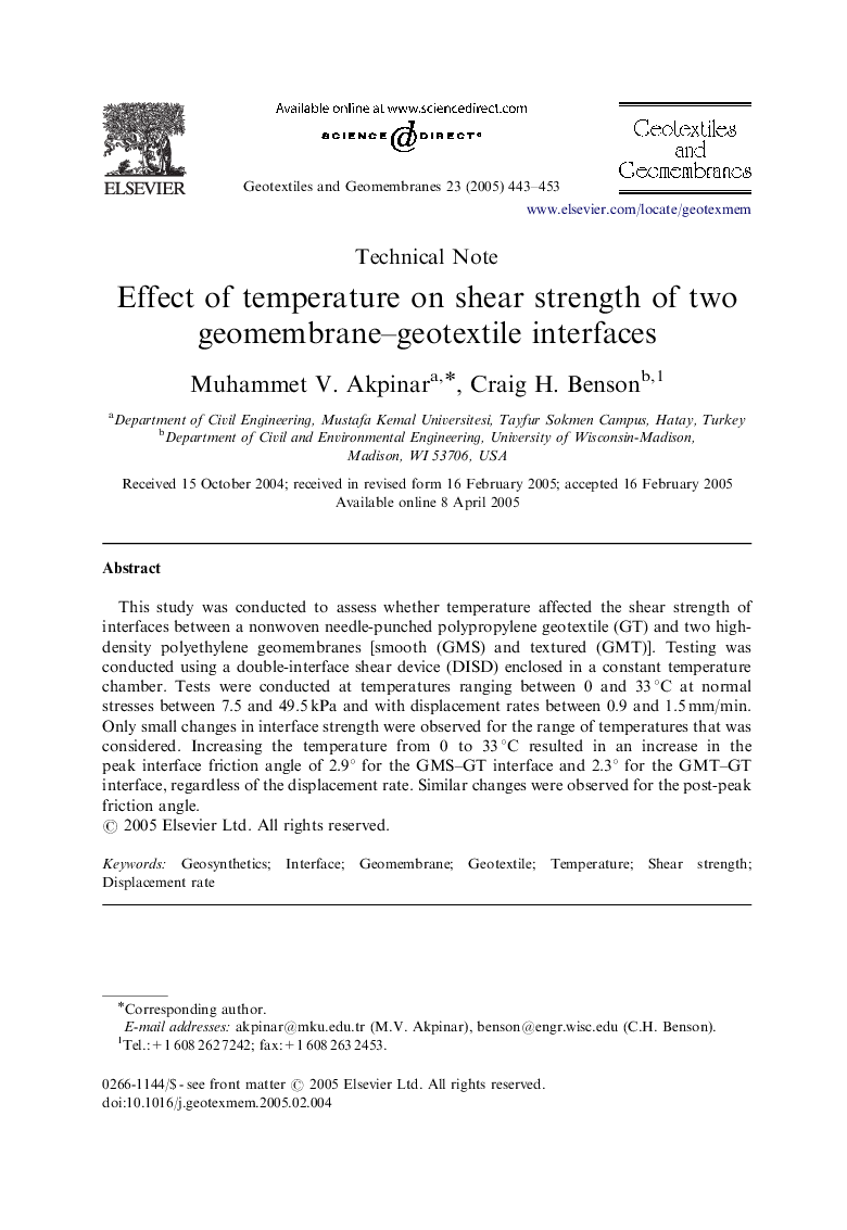 Effect of temperature on shear strength of two geomembrane-geotextile interfaces