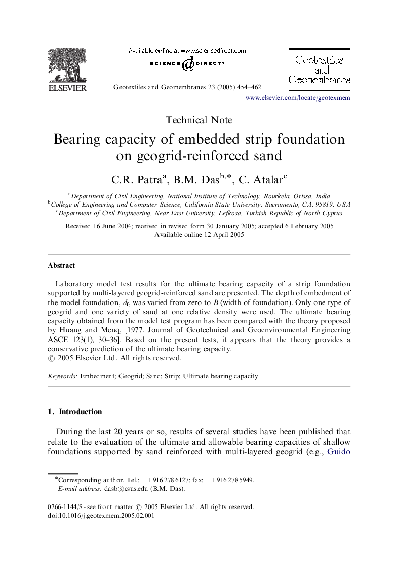 Bearing capacity of embedded strip foundation on geogrid-reinforced sand