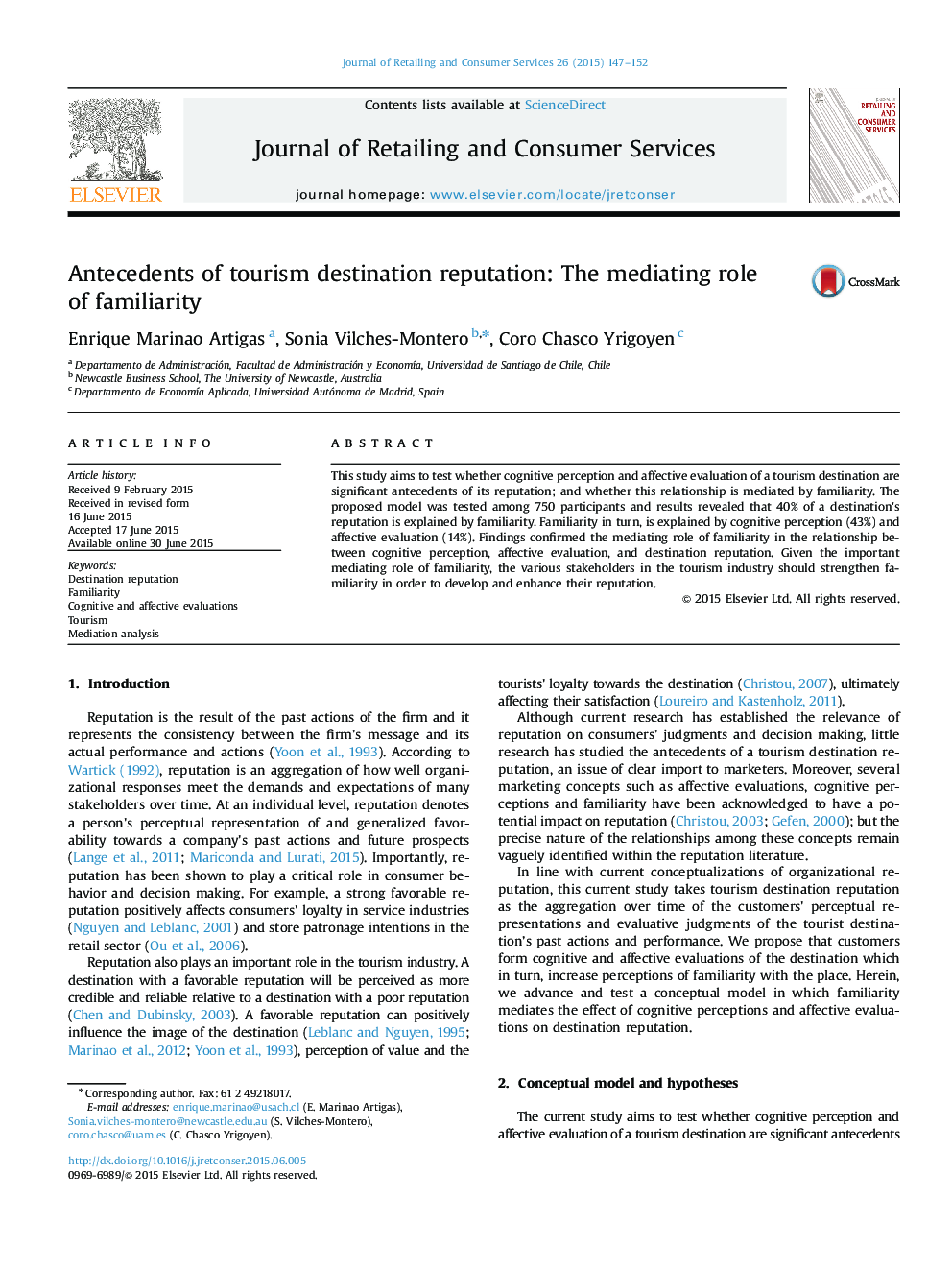 Antecedents of tourism destination reputation: The mediating role of familiarity