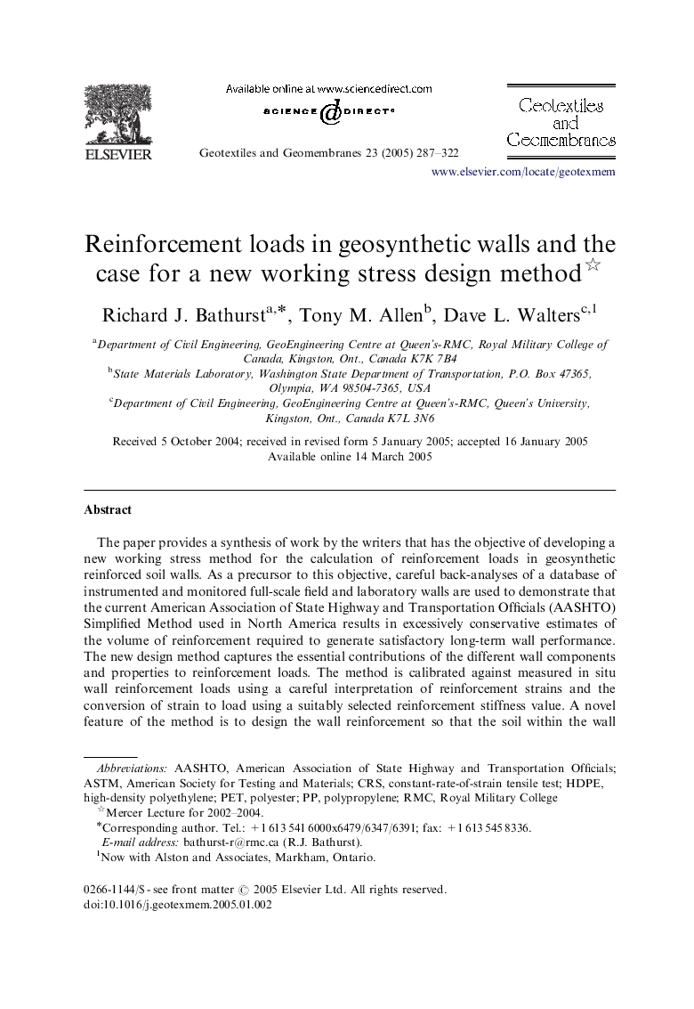 Reinforcement loads in geosynthetic walls and the case for a new working stress design method