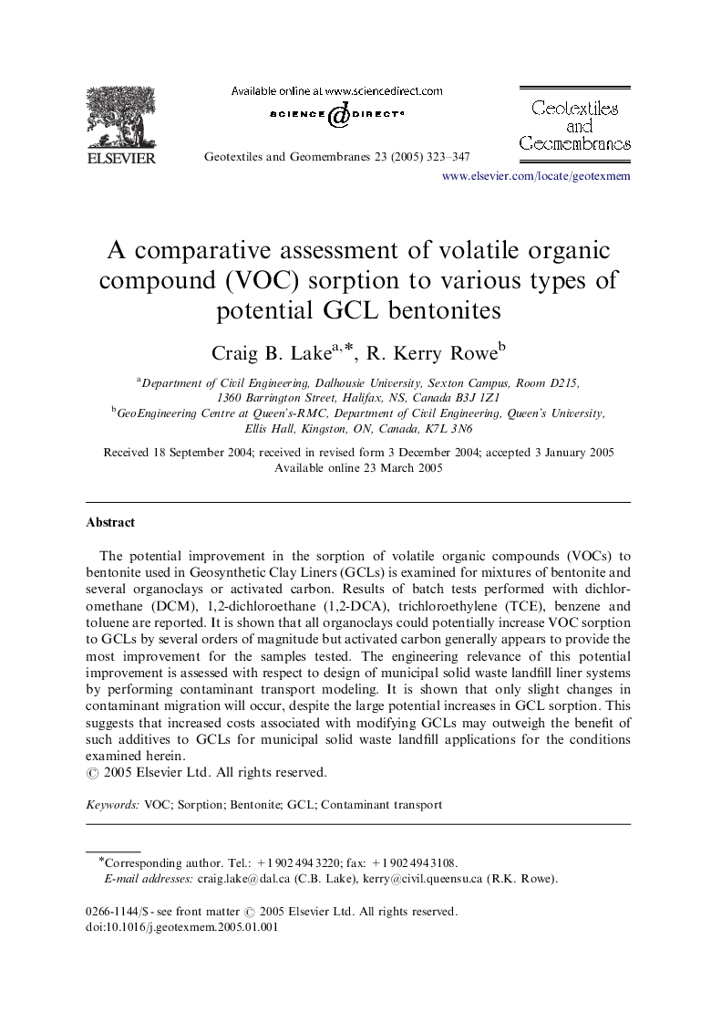 A comparative assessment of volatile organic compound (VOC) sorption to various types of potential GCL bentonites