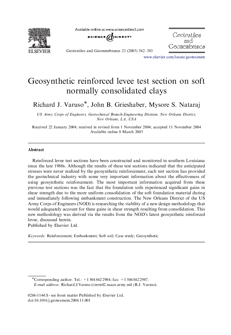 Geosynthetic reinforced levee test section on soft normally consolidated clays