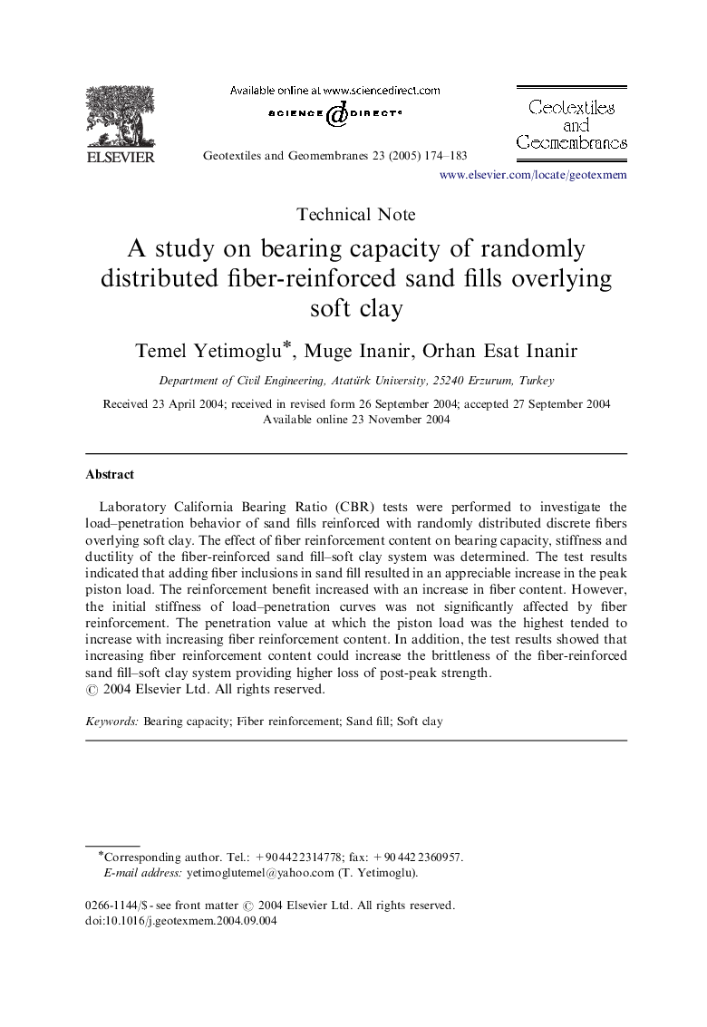 A study on bearing capacity of randomly distributed fiber-reinforced sand fills overlying soft clay