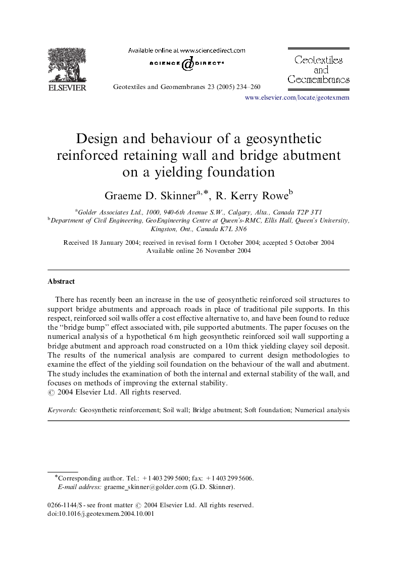 Design and behaviour of a geosynthetic reinforced retaining wall and bridge abutment on a yielding foundation