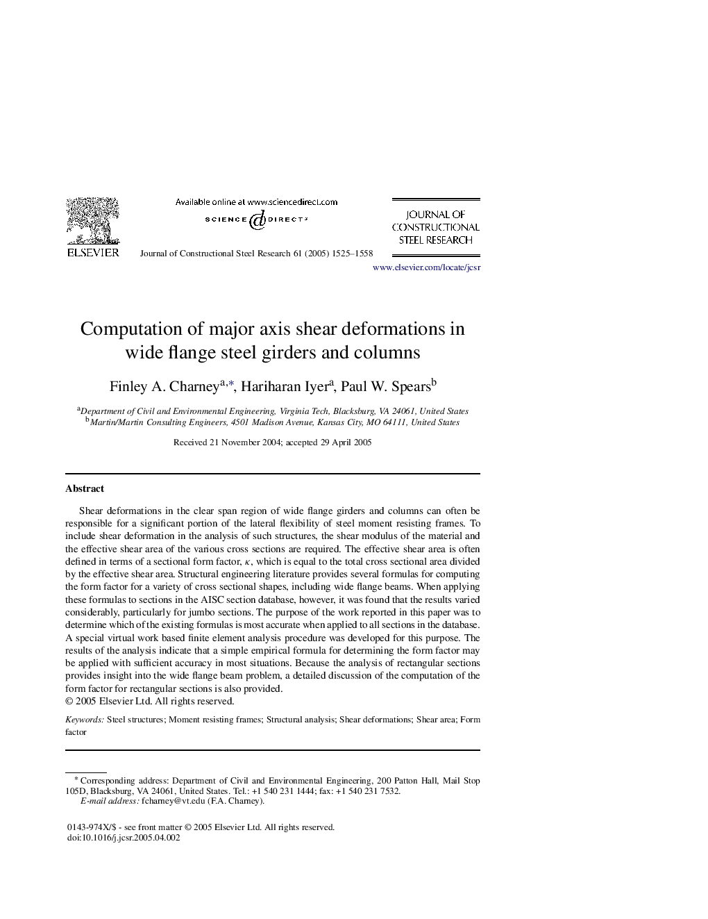 Computation of major axis shear deformations in wide flange steel girders and columns