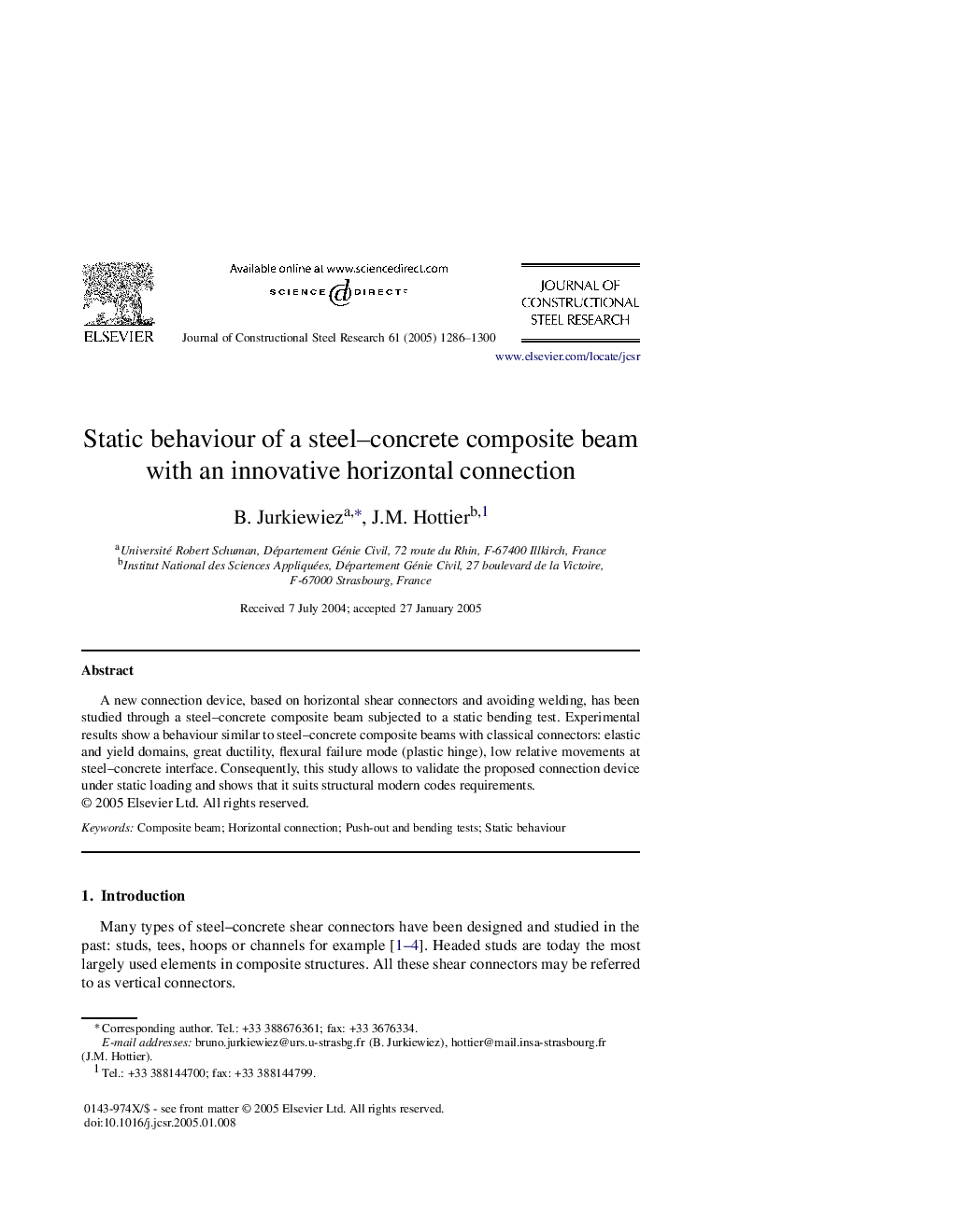 Static behaviour of a steel-concrete composite beam with an innovative horizontal connection