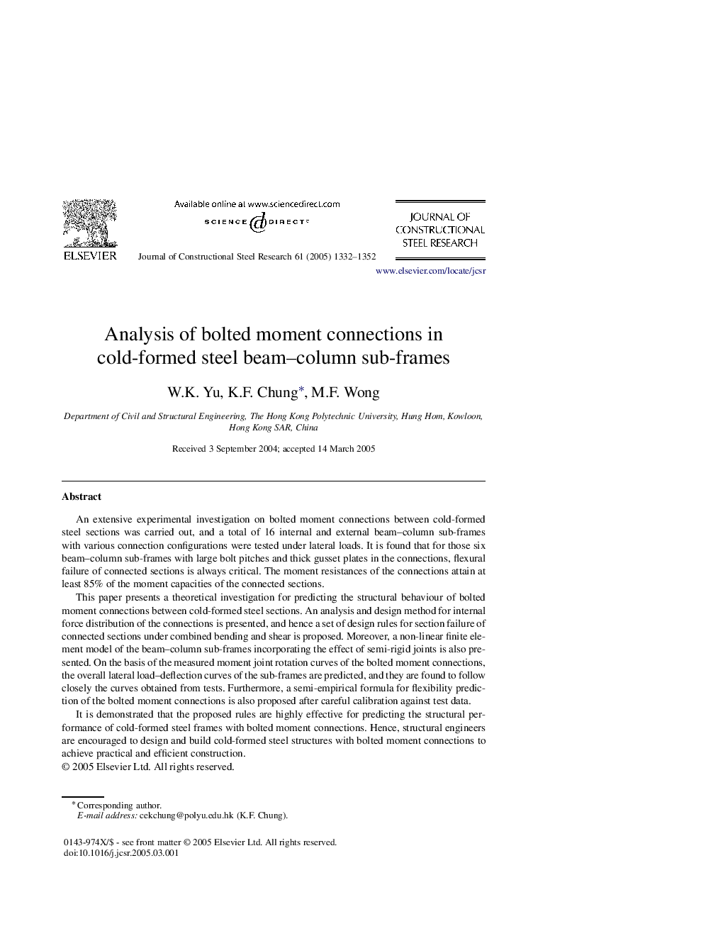 Analysis of bolted moment connections in cold-formed steel beam-column sub-frames