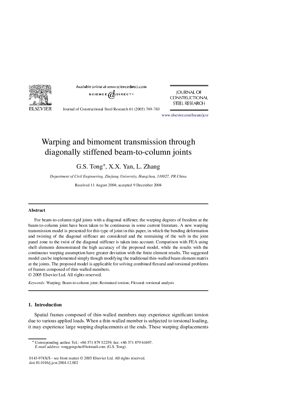 Warping and bimoment transmission through diagonally stiffened beam-to-column joints