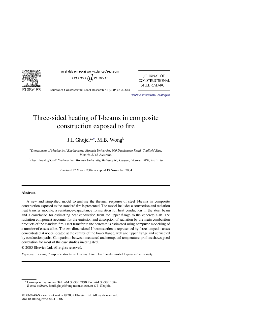 Three-sided heating of I-beams in composite construction exposed to fire