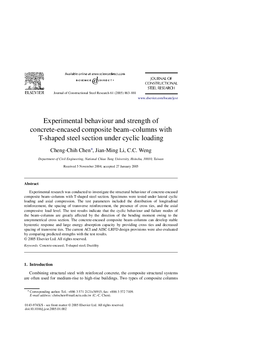 Experimental behaviour and strength of concrete-encased composite beam-columns with T-shaped steel section under cyclic loading