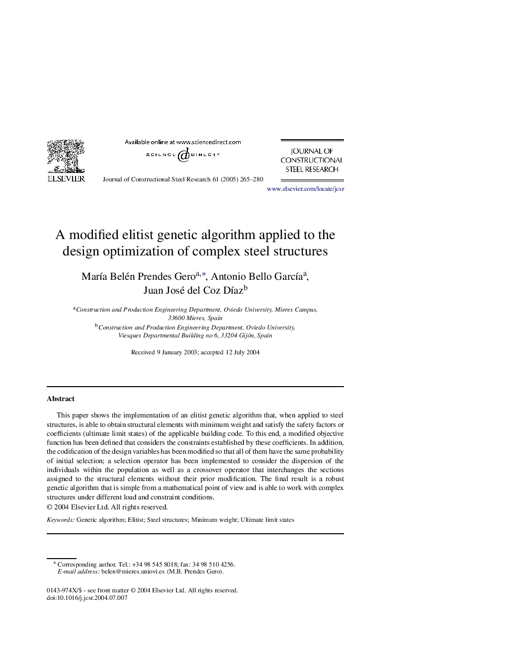 A modified elitist genetic algorithm applied to the design optimization of complex steel structures