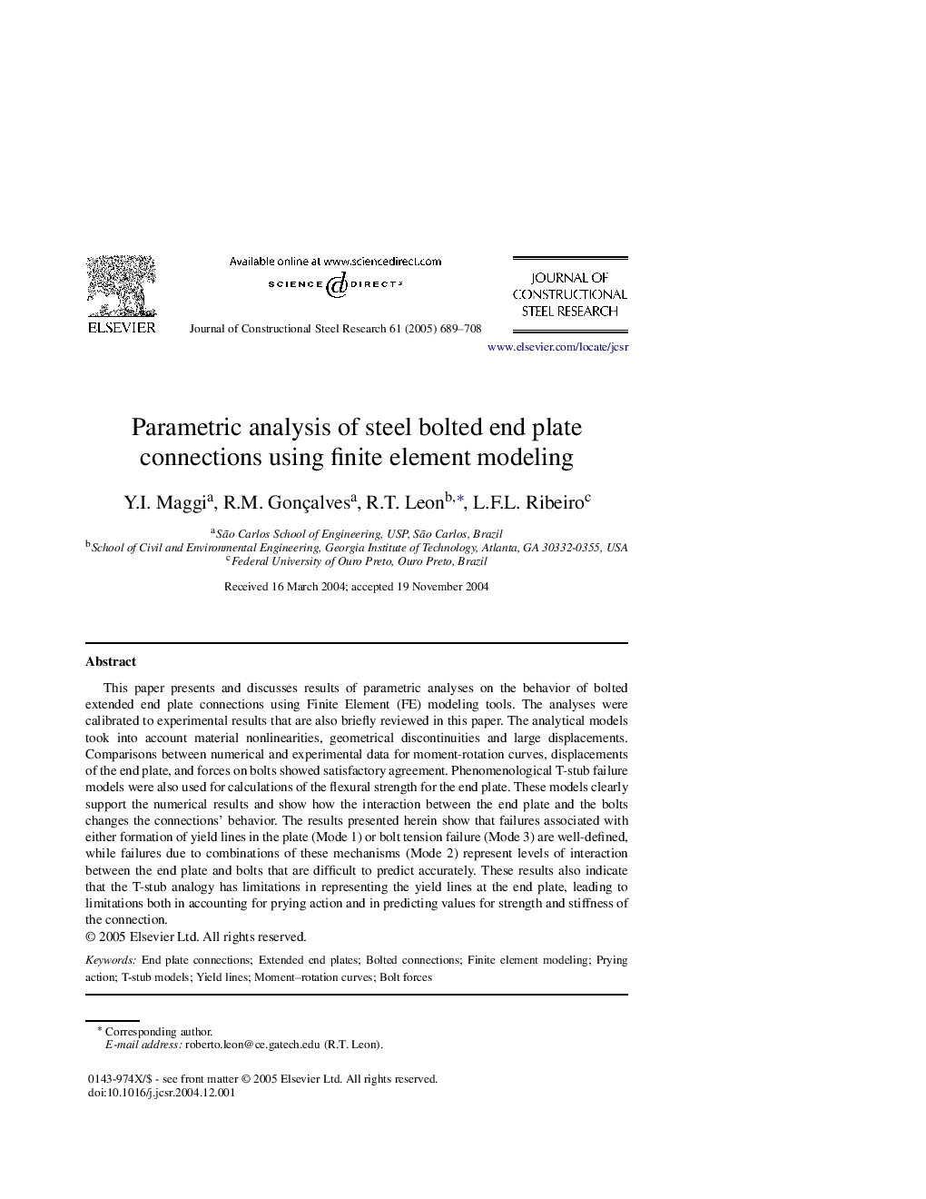 Parametric analysis of steel bolted end plate connections using finite element modeling