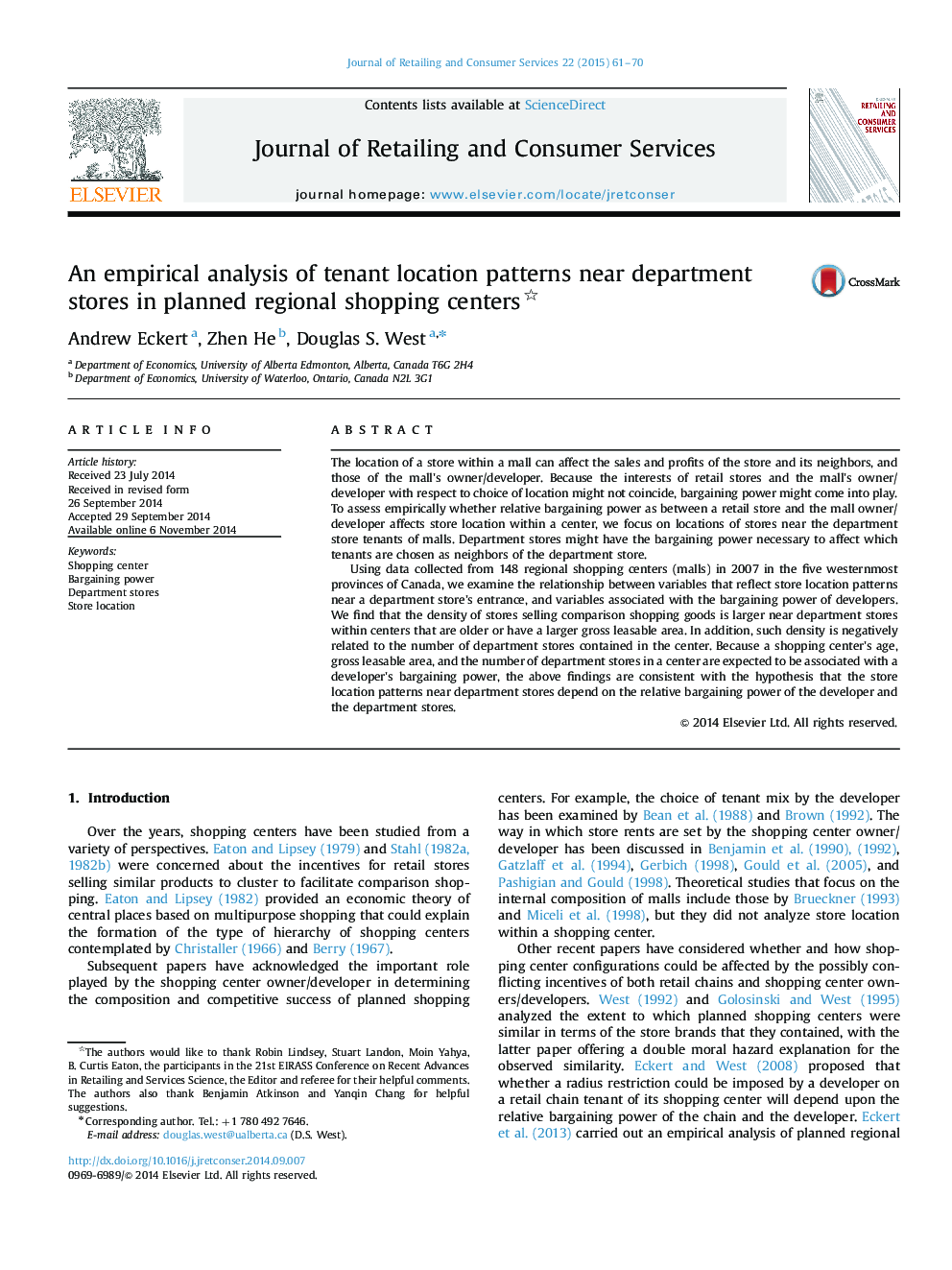 An empirical analysis of tenant location patterns near department stores in planned regional shopping centers 