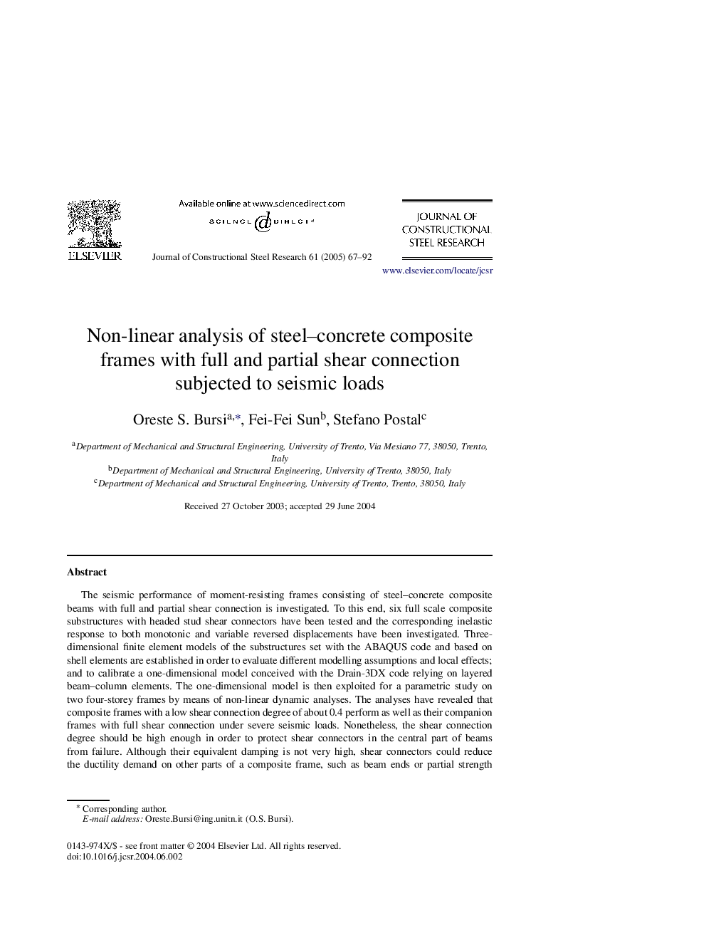 Non-linear analysis of steel-concrete composite frames with full and partial shear connection subjected to seismic loads