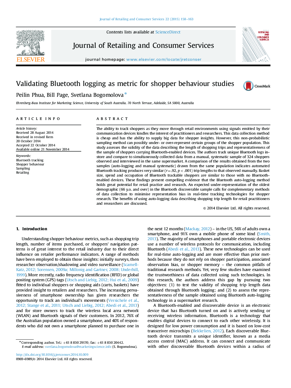 Validating Bluetooth logging as metric for shopper behaviour studies