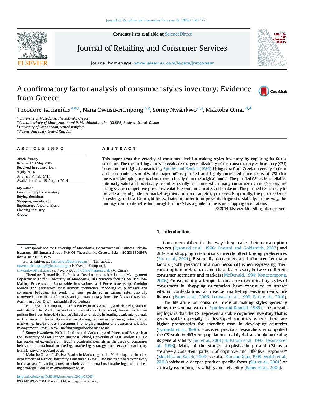 A confirmatory factor analysis of consumer styles inventory: Evidence from Greece