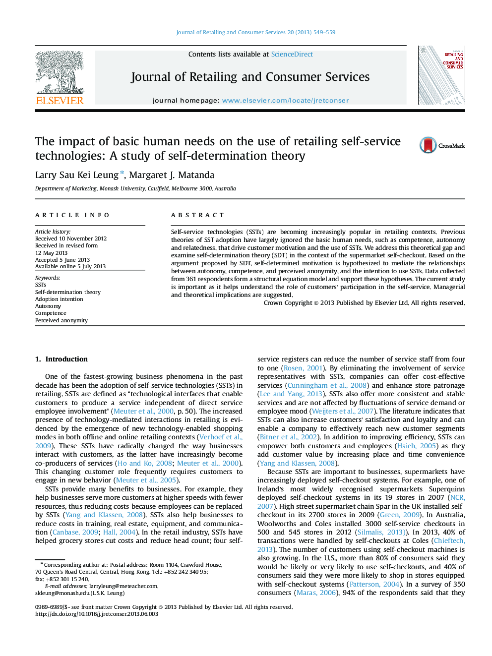 The impact of basic human needs on the use of retailing self-service technologies: A study of self-determination theory