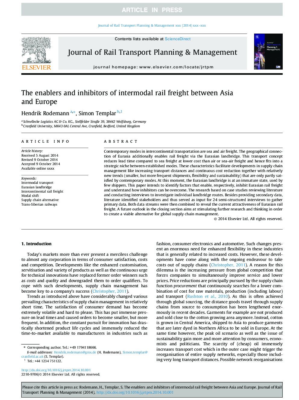 The enablers and inhibitors of intermodal rail freight between Asia and Europe