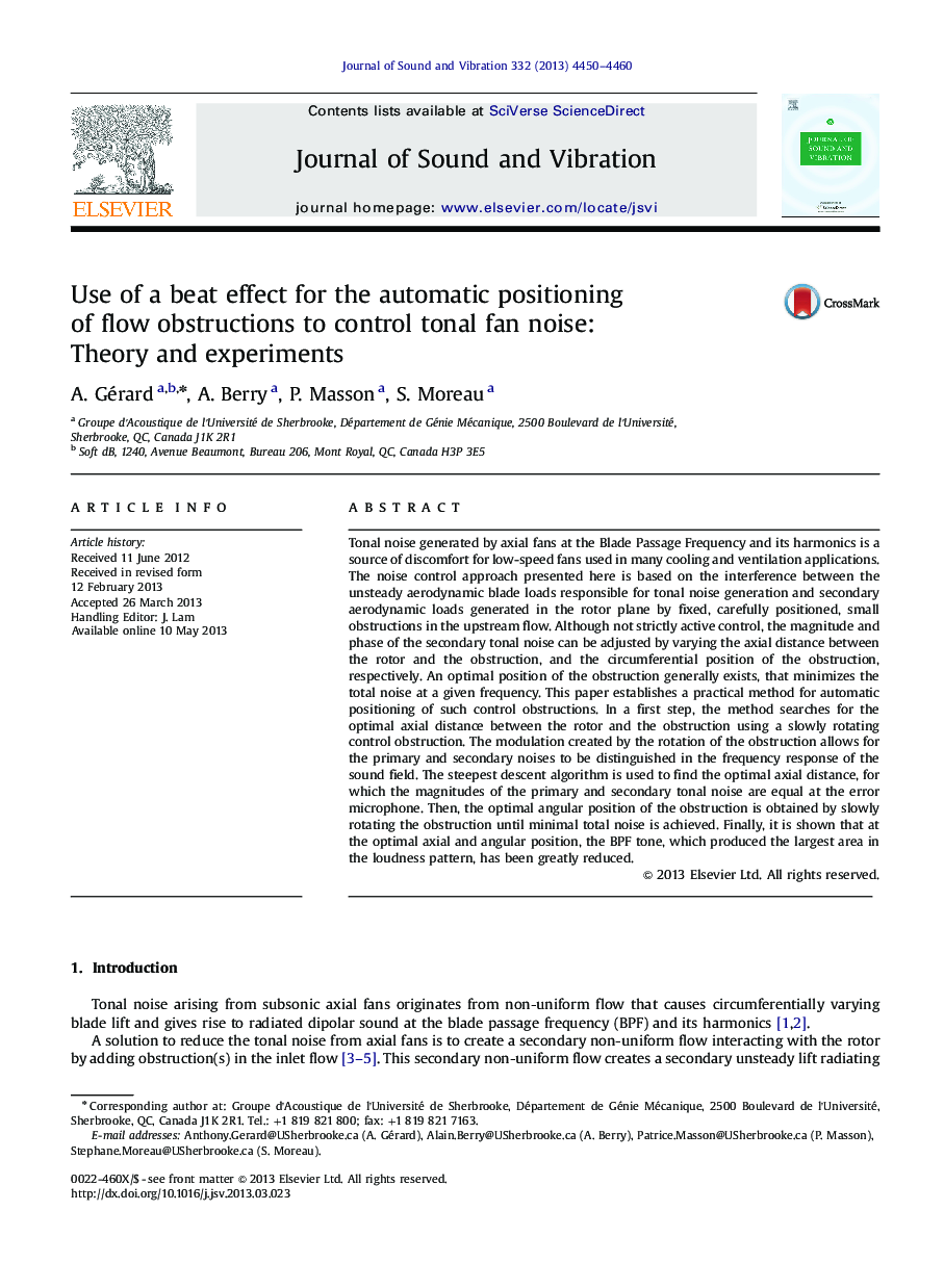 Use of a beat effect for the automatic positioning of flow obstructions to control tonal fan noise: Theory and experiments
