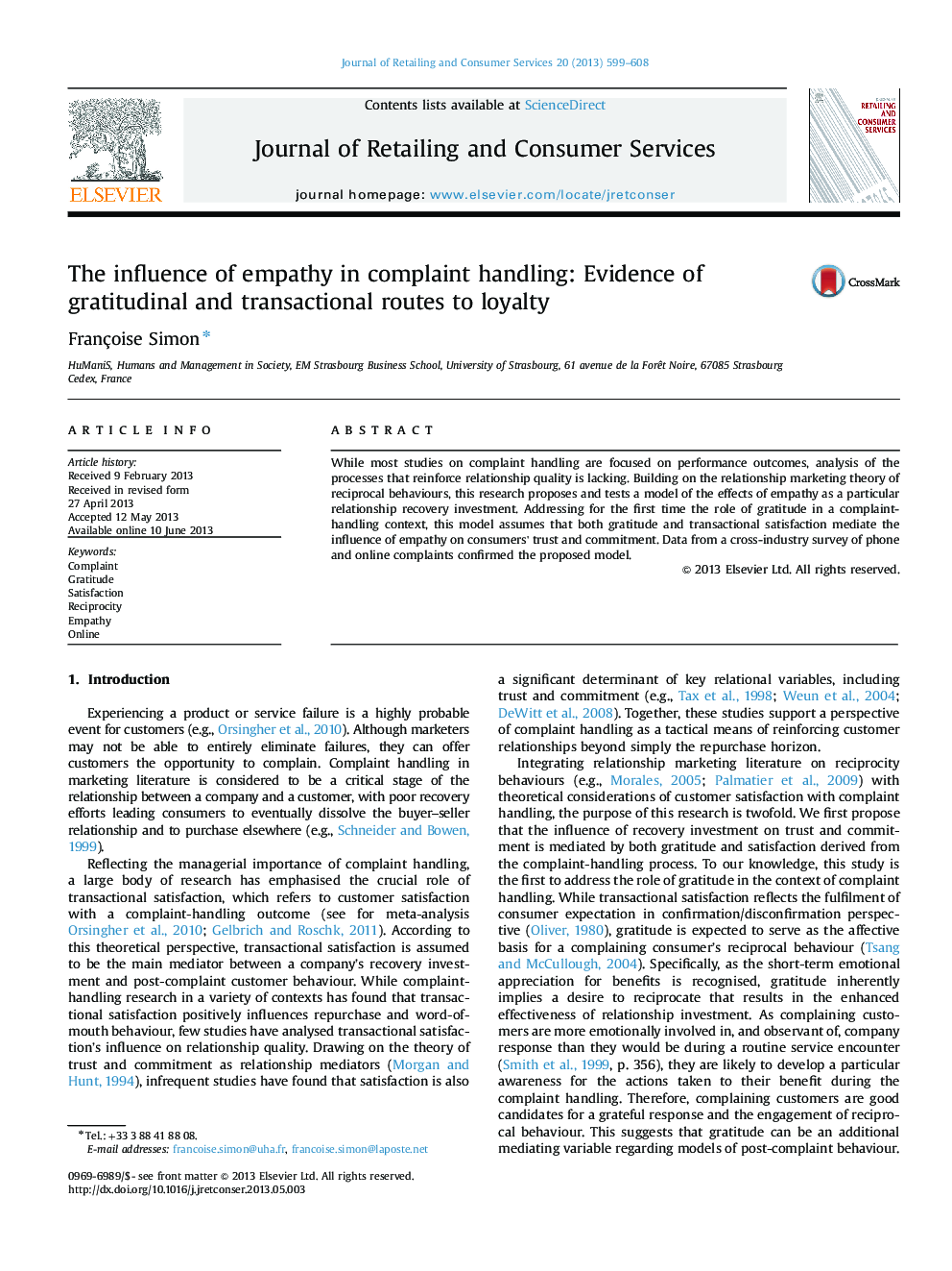 The influence of empathy in complaint handling: Evidence of gratitudinal and transactional routes to loyalty