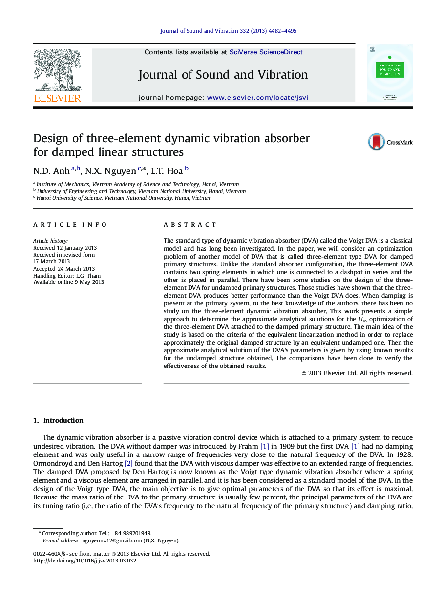 Design of three-element dynamic vibration absorber for damped linear structures
