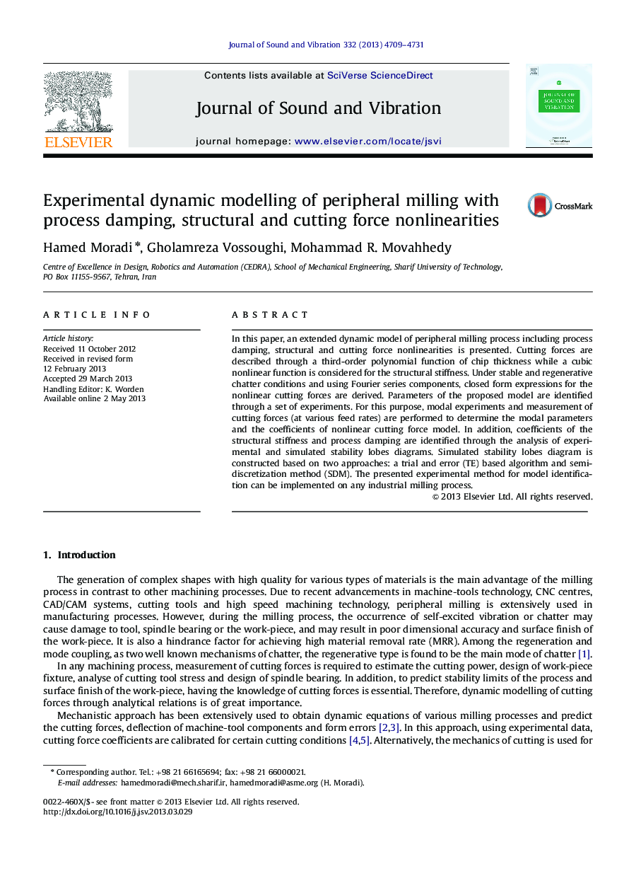 Experimental dynamic modelling of peripheral milling with process damping, structural and cutting force nonlinearities
