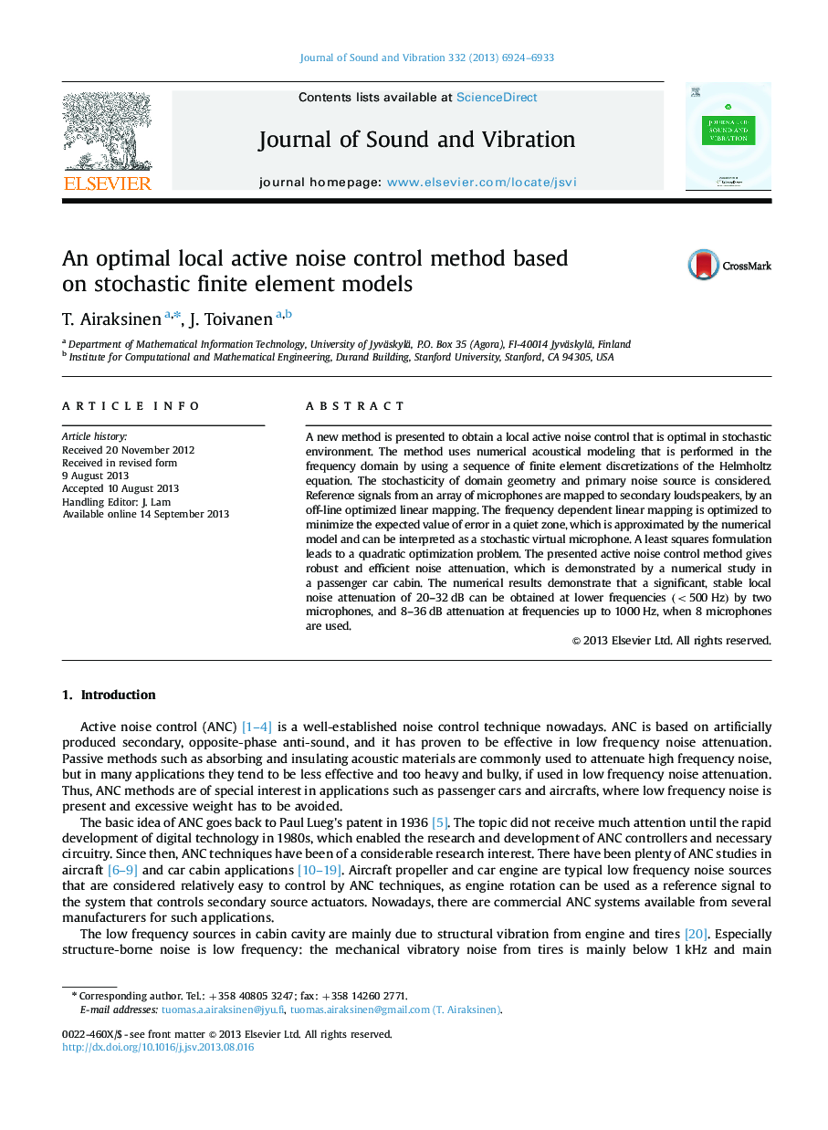 An optimal local active noise control method based on stochastic finite element models