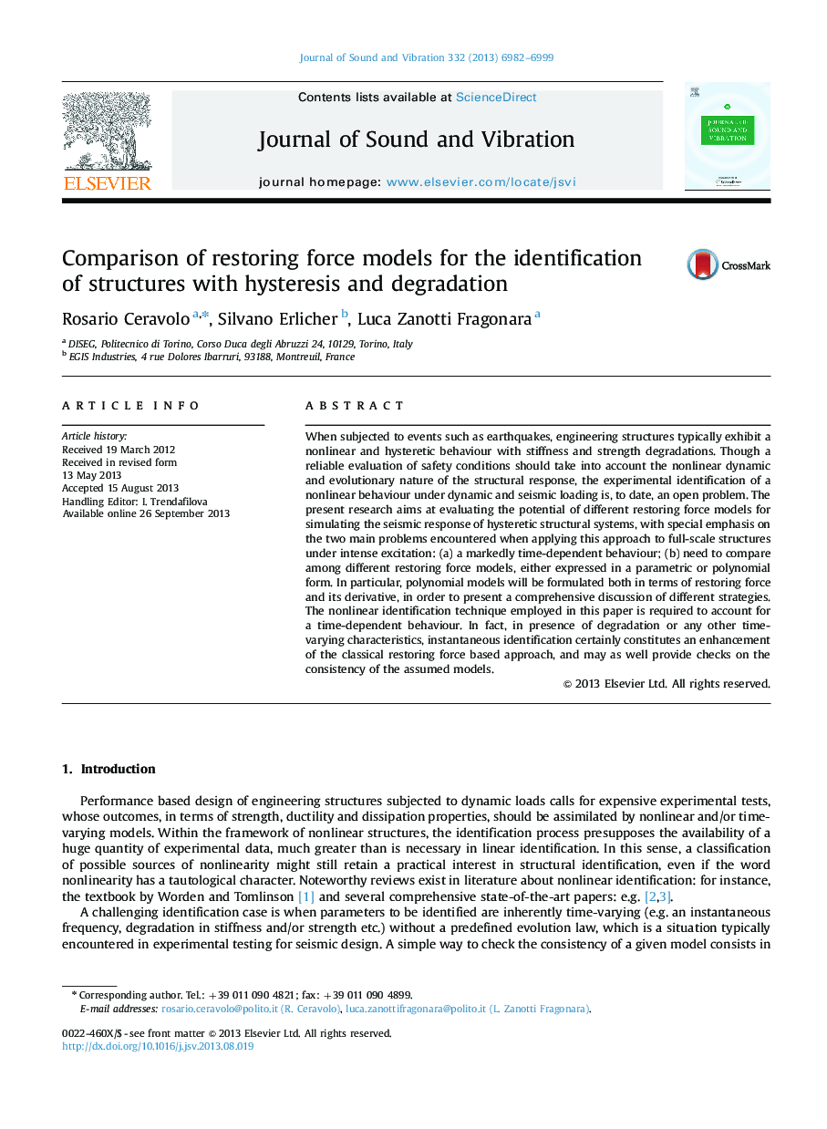 Comparison of restoring force models for the identification of structures with hysteresis and degradation