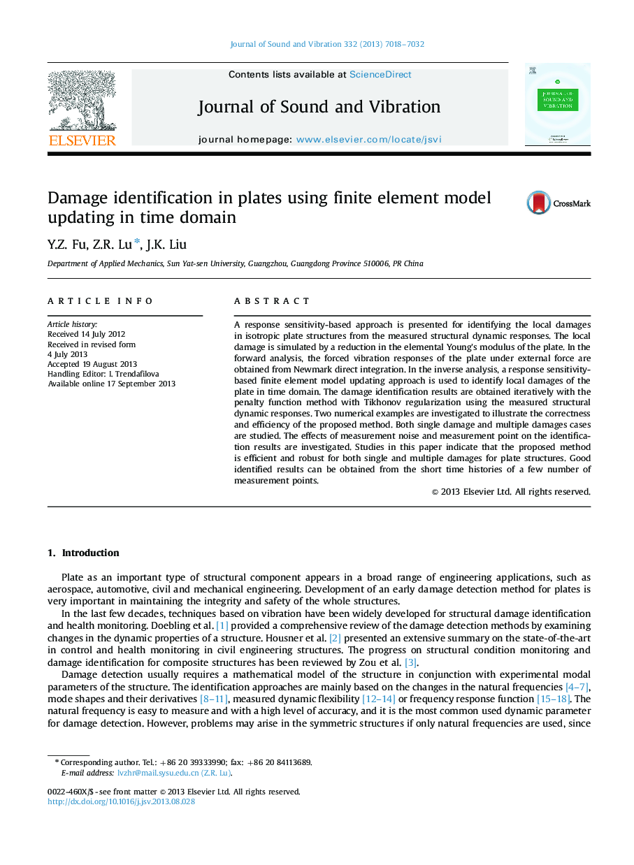 Damage identification in plates using finite element model updating in time domain